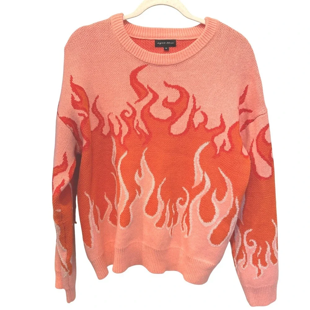 Aqua Blues Y2K Flame Sweater Pink Orange‎ Fire Graphic Knit Pullover Size Medium